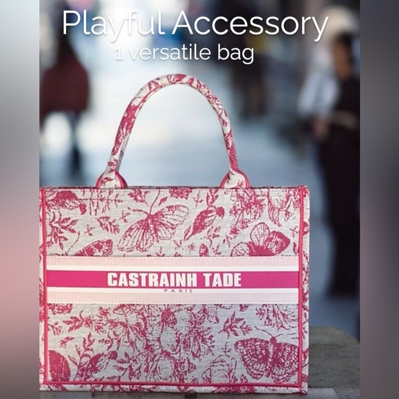 New Medium Pink Embroidery Fabric Tote Book Bag - Picture 5 of 6